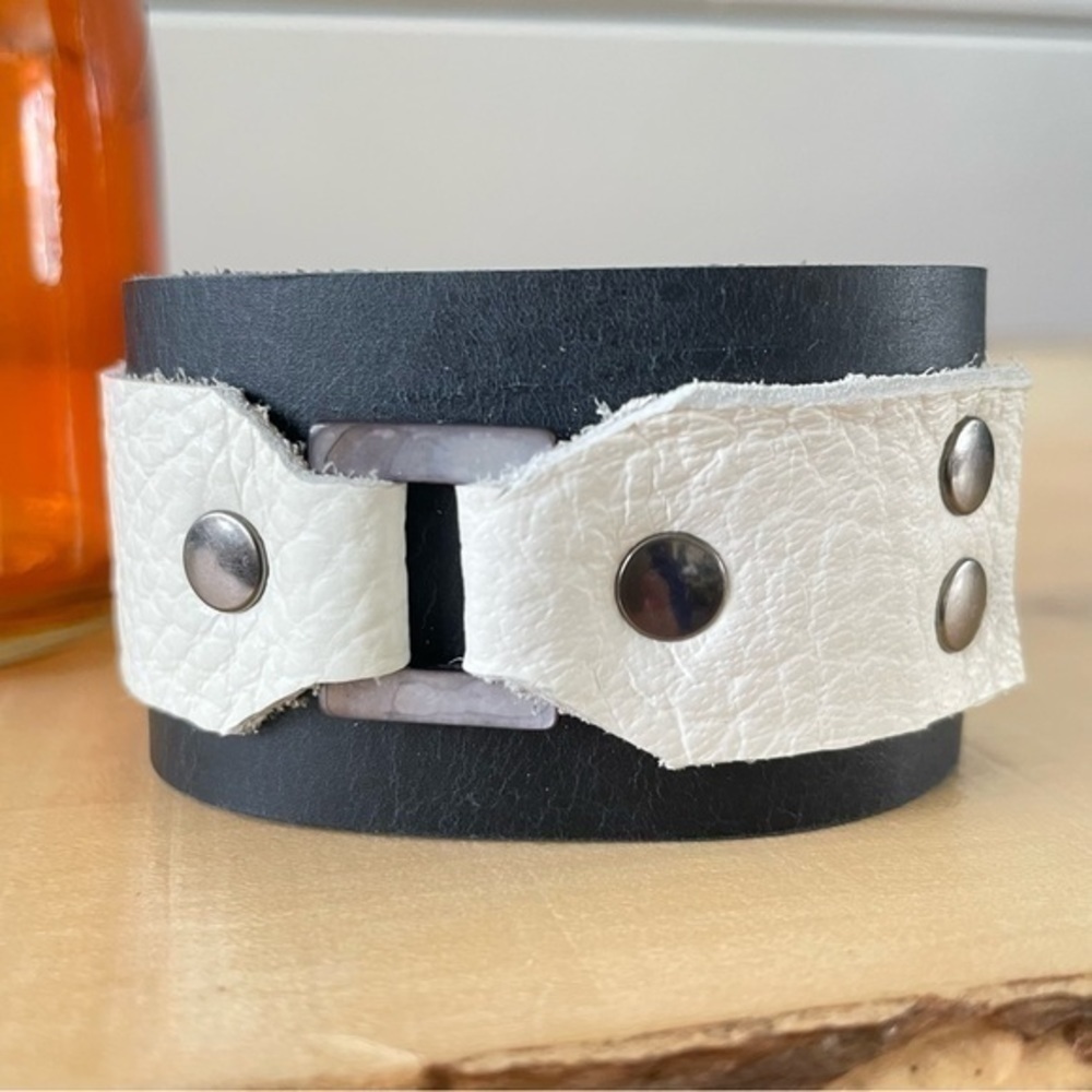 $49 SALE Handmade Leather Cuff Bracelet 7” Dark Blue White Gunmetal Men Women - Picture 2 of 8